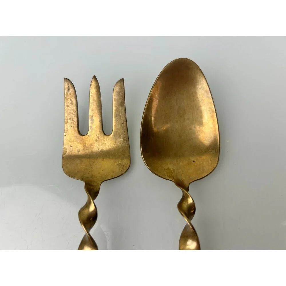MCM Siam Gold Tone Serving Fork & Spoon Wood Handle Twist Buddha Unique Vintage